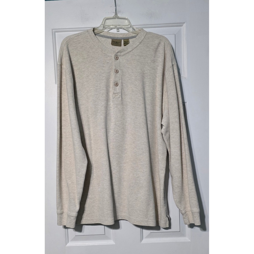 LL Bean Mens Large Tall Oatmeal Waffle Knit Henley Shirt Long Sleeve 187245